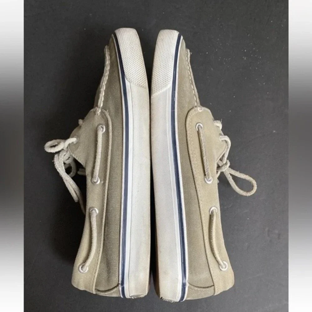 Sperry Top-Sider Womens 8M Lace Up Canvas Boat Deck Shoes Khaki Sneaker 2/eye